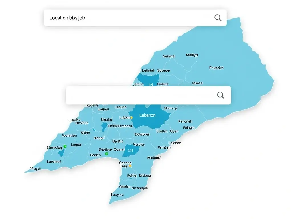 A map of Lebanon with highlighted regions, indicating different company locations, and a search bar for entering specific cities or areas.
