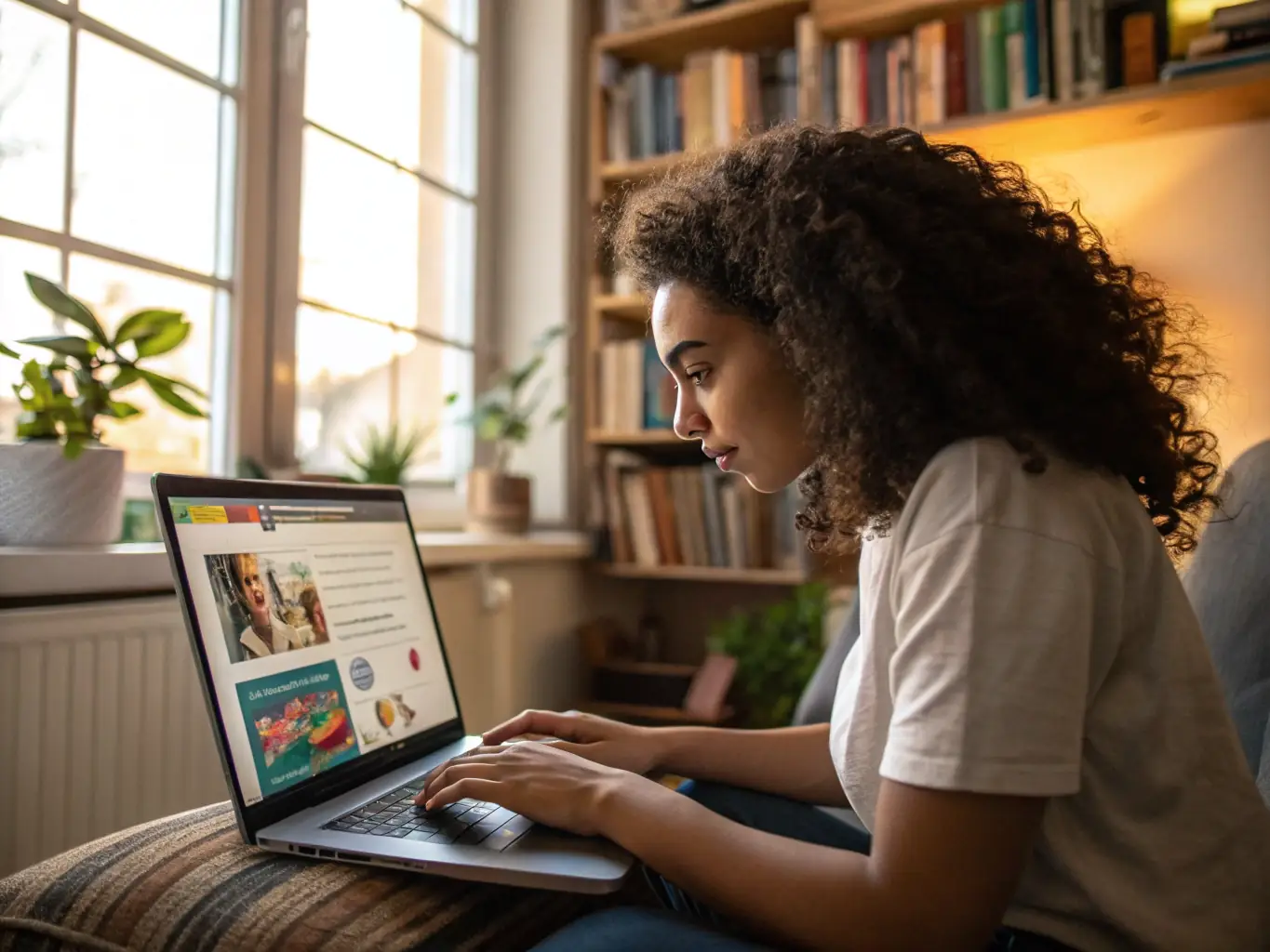 A high-quality photo of a person happily working on a laptop in a modern office setting, symbolizing a recently hired employee. The image should convey success and satisfaction in a new job.