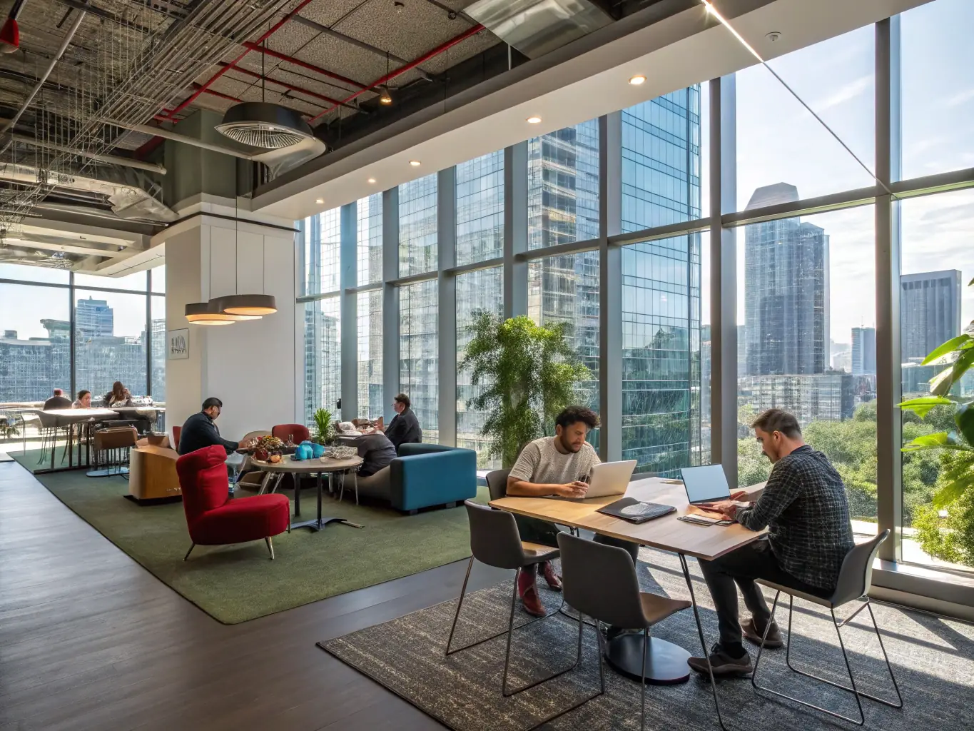 A modern office space with employees collaborating, representing a tech company in Beirut, Lebanon. The image should convey innovation and teamwork.