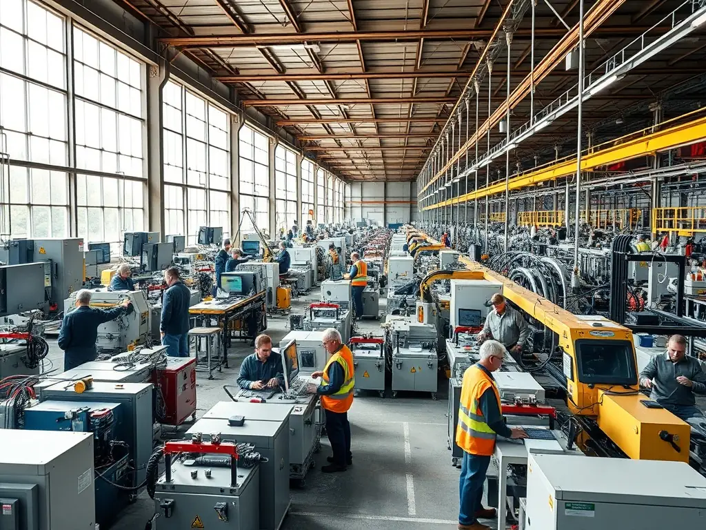 A bustling manufacturing plant in Tripoli, Lebanon, showcasing advanced machinery and skilled workers. The image should highlight precision and efficiency.